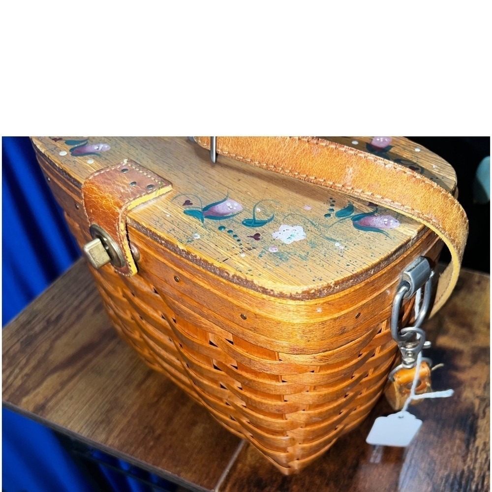 Longaberger Handwoven Basket Purse Brown Floralโ Painted Wood Lid